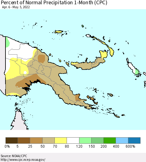 Papua New Guinea Percent of Normal Precipitation 1-Month (CPC) Thematic Map For 4/6/2022 - 5/5/2022