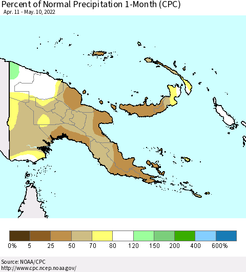 Papua New Guinea Percent of Normal Precipitation 1-Month (CPC) Thematic Map For 4/11/2022 - 5/10/2022