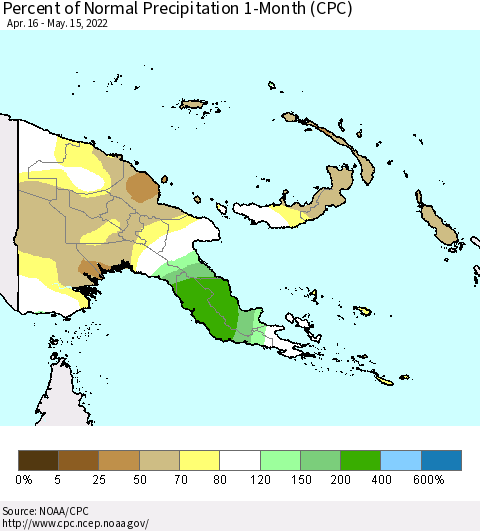 Papua New Guinea Percent of Normal Precipitation 1-Month (CPC) Thematic Map For 4/16/2022 - 5/15/2022