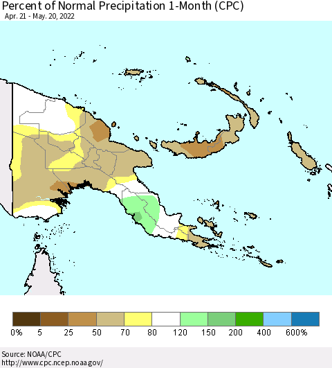 Papua New Guinea Percent of Normal Precipitation 1-Month (CPC) Thematic Map For 4/21/2022 - 5/20/2022