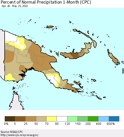 Papua New Guinea Percent of Normal Precipitation 1-Month (CPC) Thematic Map For 4/26/2022 - 5/25/2022