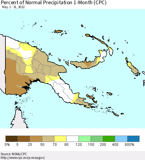 Papua New Guinea Percent of Normal Precipitation 1-Month (CPC) Thematic Map For 5/1/2022 - 5/31/2022