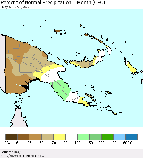 Papua New Guinea Percent of Normal Precipitation 1-Month (CPC) Thematic Map For 5/6/2022 - 6/5/2022