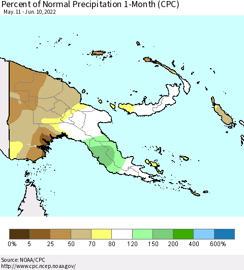 Papua New Guinea Percent of Normal Precipitation 1-Month (CPC) Thematic Map For 5/11/2022 - 6/10/2022