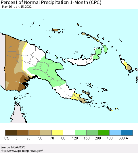 Papua New Guinea Percent of Normal Precipitation 1-Month (CPC) Thematic Map For 5/16/2022 - 6/15/2022