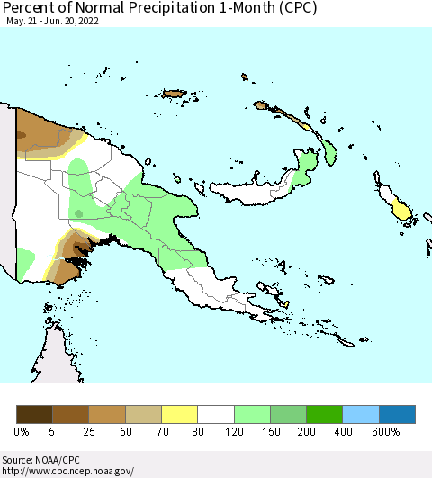Papua New Guinea Percent of Normal Precipitation 1-Month (CPC) Thematic Map For 5/21/2022 - 6/20/2022