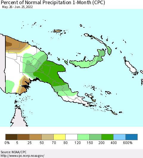 Papua New Guinea Percent of Normal Precipitation 1-Month (CPC) Thematic Map For 5/26/2022 - 6/25/2022