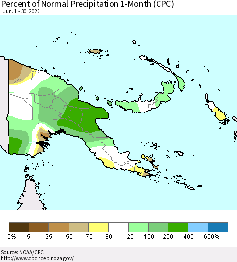 Papua New Guinea Percent of Normal Precipitation 1-Month (CPC) Thematic Map For 6/1/2022 - 6/30/2022