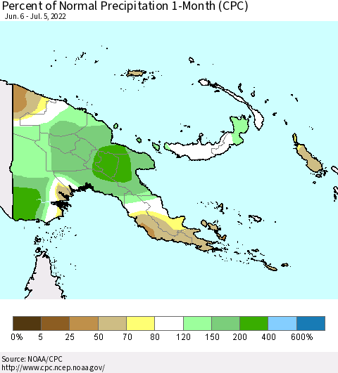 Papua New Guinea Percent of Normal Precipitation 1-Month (CPC) Thematic Map For 6/6/2022 - 7/5/2022