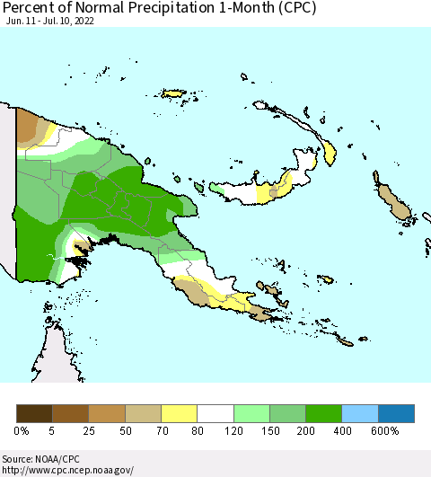 Papua New Guinea Percent of Normal Precipitation 1-Month (CPC) Thematic Map For 6/11/2022 - 7/10/2022