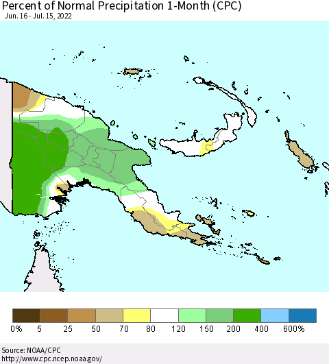 Papua New Guinea Percent of Normal Precipitation 1-Month (CPC) Thematic Map For 6/16/2022 - 7/15/2022