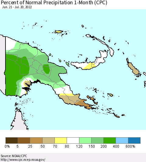 Papua New Guinea Percent of Normal Precipitation 1-Month (CPC) Thematic Map For 6/21/2022 - 7/20/2022