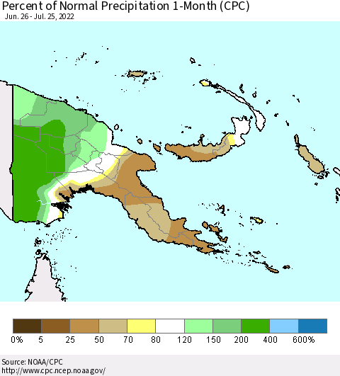 Papua New Guinea Percent of Normal Precipitation 1-Month (CPC) Thematic Map For 6/26/2022 - 7/25/2022