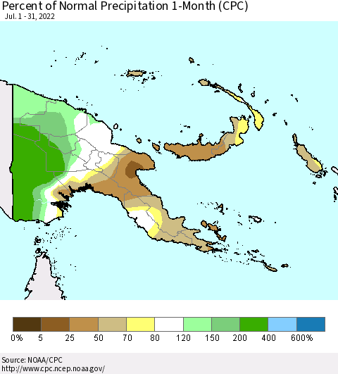 Papua New Guinea Percent of Normal Precipitation 1-Month (CPC) Thematic Map For 7/1/2022 - 7/31/2022