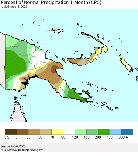 Papua New Guinea Percent of Normal Precipitation 1-Month (CPC) Thematic Map For 7/6/2022 - 8/5/2022