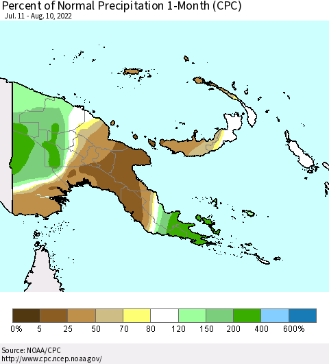 Papua New Guinea Percent of Normal Precipitation 1-Month (CPC) Thematic Map For 7/11/2022 - 8/10/2022