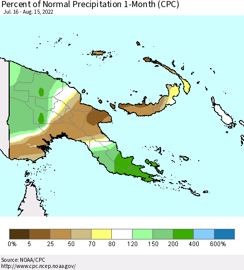 Papua New Guinea Percent of Normal Precipitation 1-Month (CPC) Thematic Map For 7/16/2022 - 8/15/2022