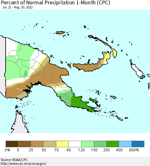 Papua New Guinea Percent of Normal Precipitation 1-Month (CPC) Thematic Map For 7/21/2022 - 8/20/2022
