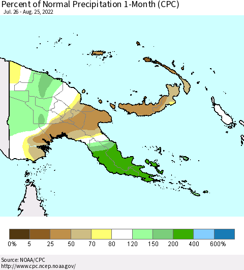 Papua New Guinea Percent of Normal Precipitation 1-Month (CPC) Thematic Map For 7/26/2022 - 8/25/2022