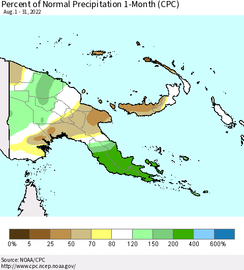 Papua New Guinea Percent of Normal Precipitation 1-Month (CPC) Thematic Map For 8/1/2022 - 8/31/2022