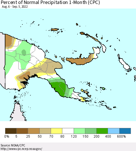Papua New Guinea Percent of Normal Precipitation 1-Month (CPC) Thematic Map For 8/6/2022 - 9/5/2022