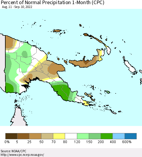 Papua New Guinea Percent of Normal Precipitation 1-Month (CPC) Thematic Map For 8/11/2022 - 9/10/2022