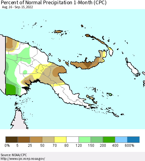 Papua New Guinea Percent of Normal Precipitation 1-Month (CPC) Thematic Map For 8/16/2022 - 9/15/2022