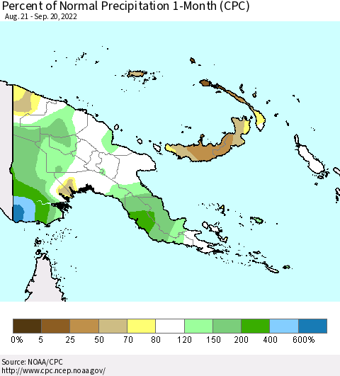 Papua New Guinea Percent of Normal Precipitation 1-Month (CPC) Thematic Map For 8/21/2022 - 9/20/2022