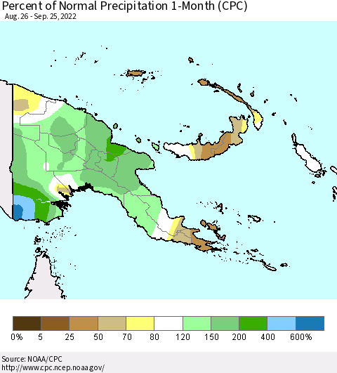Papua New Guinea Percent of Normal Precipitation 1-Month (CPC) Thematic Map For 8/26/2022 - 9/25/2022