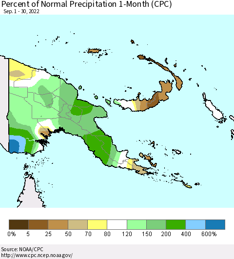 Papua New Guinea Percent of Normal Precipitation 1-Month (CPC) Thematic Map For 9/1/2022 - 9/30/2022
