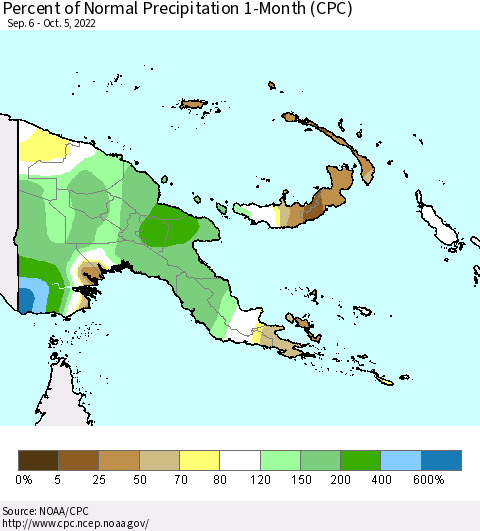 Papua New Guinea Percent of Normal Precipitation 1-Month (CPC) Thematic Map For 9/6/2022 - 10/5/2022
