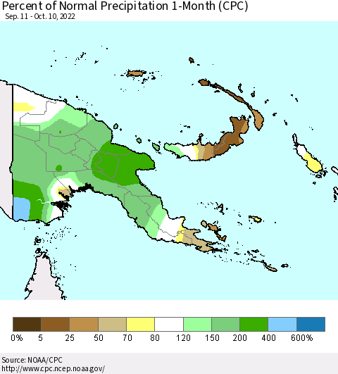 Papua New Guinea Percent of Normal Precipitation 1-Month (CPC) Thematic Map For 9/11/2022 - 10/10/2022