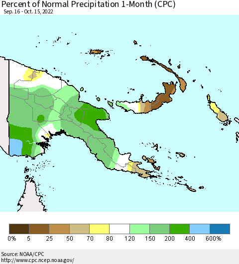 Papua New Guinea Percent of Normal Precipitation 1-Month (CPC) Thematic Map For 9/16/2022 - 10/15/2022