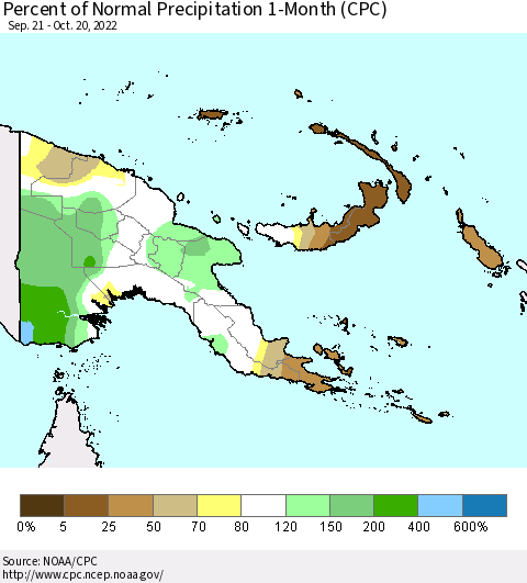 Papua New Guinea Percent of Normal Precipitation 1-Month (CPC) Thematic Map For 9/21/2022 - 10/20/2022