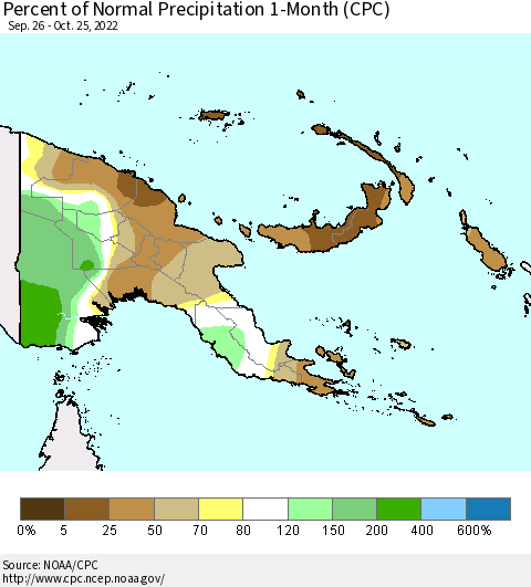 Papua New Guinea Percent of Normal Precipitation 1-Month (CPC) Thematic Map For 9/26/2022 - 10/25/2022