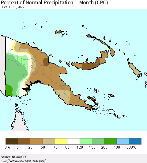 Papua New Guinea Percent of Normal Precipitation 1-Month (CPC) Thematic Map For 10/1/2022 - 10/31/2022