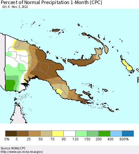Papua New Guinea Percent of Normal Precipitation 1-Month (CPC) Thematic Map For 10/6/2022 - 11/5/2022