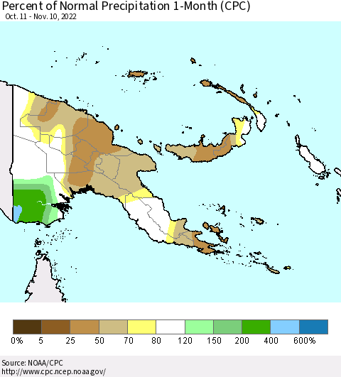 Papua New Guinea Percent of Normal Precipitation 1-Month (CPC) Thematic Map For 10/11/2022 - 11/10/2022