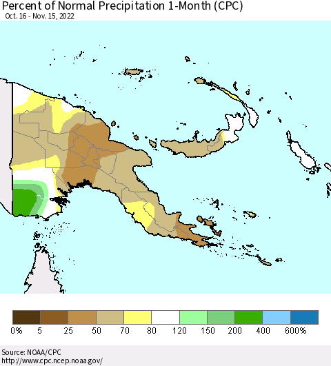 Papua New Guinea Percent of Normal Precipitation 1-Month (CPC) Thematic Map For 10/16/2022 - 11/15/2022
