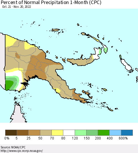 Papua New Guinea Percent of Normal Precipitation 1-Month (CPC) Thematic Map For 10/21/2022 - 11/20/2022