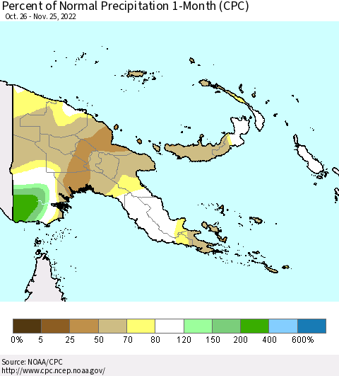 Papua New Guinea Percent of Normal Precipitation 1-Month (CPC) Thematic Map For 10/26/2022 - 11/25/2022
