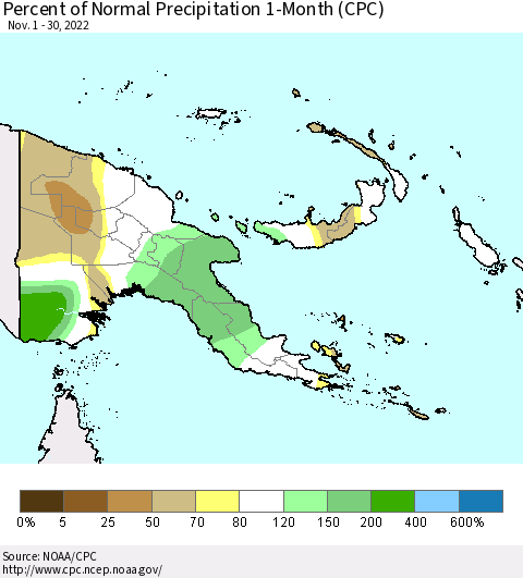Papua New Guinea Percent of Normal Precipitation 1-Month (CPC) Thematic Map For 11/1/2022 - 11/30/2022