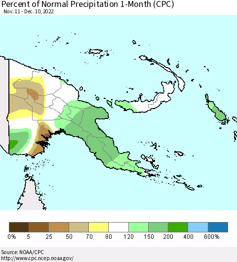 Papua New Guinea Percent of Normal Precipitation 1-Month (CPC) Thematic Map For 11/11/2022 - 12/10/2022