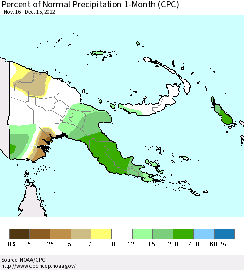 Papua New Guinea Percent of Normal Precipitation 1-Month (CPC) Thematic Map For 11/16/2022 - 12/15/2022