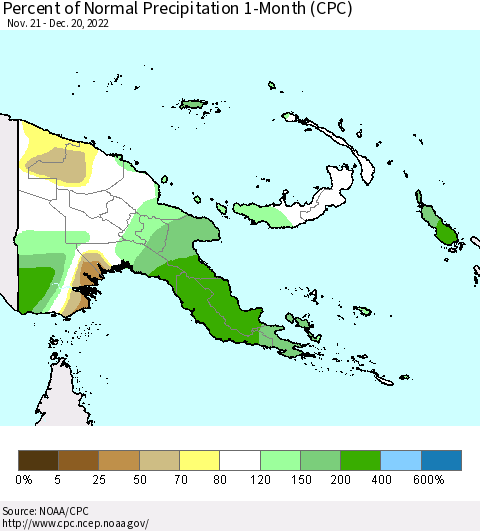 Papua New Guinea Percent of Normal Precipitation 1-Month (CPC) Thematic Map For 11/21/2022 - 12/20/2022