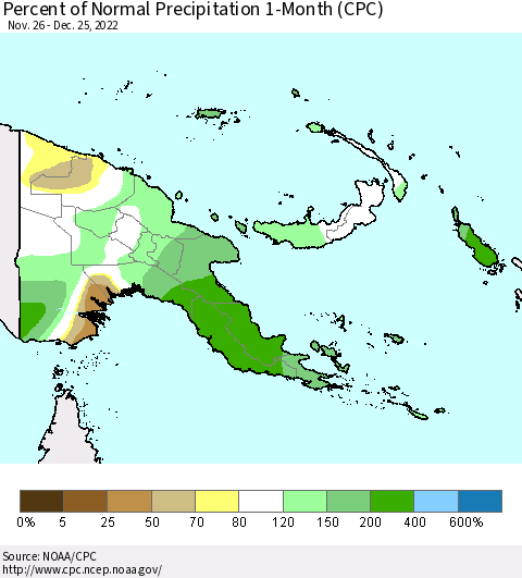 Papua New Guinea Percent of Normal Precipitation 1-Month (CPC) Thematic Map For 11/26/2022 - 12/25/2022