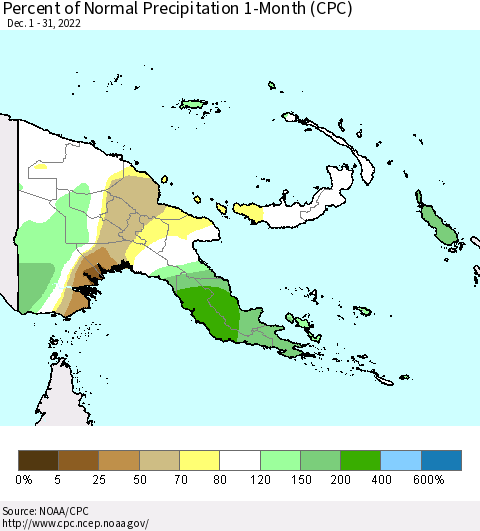Papua New Guinea Percent of Normal Precipitation 1-Month (CPC) Thematic Map For 12/1/2022 - 12/31/2022