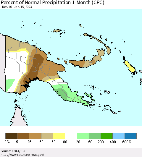 Papua New Guinea Percent of Normal Precipitation 1-Month (CPC) Thematic Map For 12/16/2022 - 1/15/2023