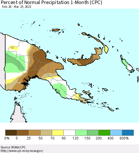 Papua New Guinea Percent of Normal Precipitation 1-Month (CPC) Thematic Map For 2/26/2023 - 3/25/2023