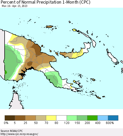 Papua New Guinea Percent of Normal Precipitation 1-Month (CPC) Thematic Map For 3/16/2023 - 4/15/2023